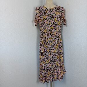Betsey Johnson Bumble Bee Dress Pink Yellow Floral Print Ruffle Hem Midi Sz 8